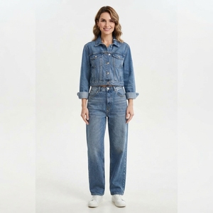 Women Blue Denim Jacket And Straight Leg Jeans Set Casual Two Piece Matching Denim Outfit <b>Streetwear</b> Fashion Clothing - Product Image 1