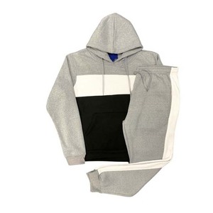Survêtement unisexe gris à blocs de couleur, à capuche, manches longues, coupe décontractée, en polyester et coton, pour l'automne, avec poches latérales - Product Image 1