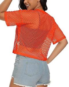 Women's Sexy Club Solid Color T Shirts Mesh Tank <b>Top</b> Short Sleeve Customizable T-Shirt Fishnet Sheer Womens Tees Shirts - Product Image 6