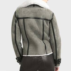 Chaqueta de cuero de gamuza gris para hombre con cuello de piel blanca, abrigo de invierno estilo motero con forro polar cálido y cremallera asimétrica. - Product Image 2