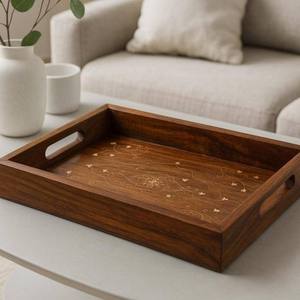 Plateau de service rectangulaire de luxe en noyer, motif floral incrusté, pour hôtels et restaurants, vaisselle élégante, vente en gros - Product Image 1
