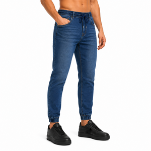 Wholesale <b>Men</b> Denim Jeans Elastic Waist Drawstring Cuffed Leg Soft <b>Stretch</b> Denim Jogger Trousers Washed Tone Denim Jeans - Product Image 3