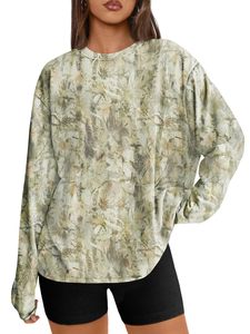 Pull à manches chauve-souris à imprimé floral pour femme, col rond, manches longues, haut décontracté, respirant, en polyester tricoté - Product Image 1