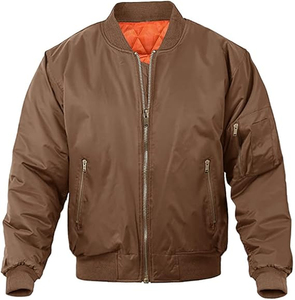 Men's Brown Bomber Jacket <b>Zip</b> Front Casual Solid Color Polyester Wadding Autumn Wear Regular Fit Turn-down Collar - Product Image 6