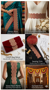 Encaje Floral Romántico de Lujo con Perlas y Bordado a Mano, Diseño Radiant Gold Sunburst, Ecológico, 100% Poliéster, Creación JK - Product Image 2