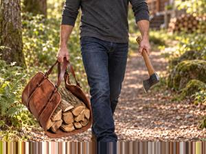 Sac de transport pour bois de chauffage en cuir véritable et bois, robuste et portable, fait main, LWC-0022 - Product Image 1
