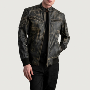 Veste moto en cuir véritable noir pour homme, col montant, fermeture éclair, longueur normale, style automne - Product Image 1