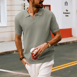 <b>Men's</b> Olive Green Short Sleeve Knitted Polo Shirt Solid Color Casual Breathable Regular Fit Collared Design - Product Image 5