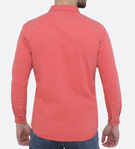 Camisa de Mezclilla Color Coral para Hombre, Manga Larga, Color Sólido, Cuello Clásico, Corte Regular, 100% Algodón Tejido - Product Image 5