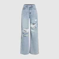 Pantalon cargo en jean taille haute pour femme, coupe ample, longueur intégrale, délavage moyen, couleur unie, style décontracté, 100 % coton, idéal pour l'automne
