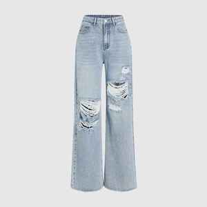 Women's High Waist Cargo <b>Denim</b> Pants Loose Fit Full Length Medium Wash Solid Color Casual Style 100% Cotton Autumn Wear - Product Image 2