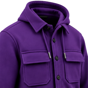 Veste shacket à capuche pour homme, violette, boutonnée, à manches longues, style utilitaire, avec poches à rabat sur la poitrine, style streetwear décontracté - Product Image 3