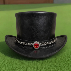 Chapeau haut de forme en cuir noir fait main de qualité supérieure, style gothique steampunk, avec chaîne de pierres rouges, pour festival, costume de motard - Product Image 3