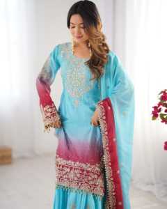 Elegante Sharara Azul Cielo con Trabajo de Moti River, Conjunto de 3 Piezas de Seda Chinon con Codificación Dori, Lentejuelas y Remaches, Top y Palazzo - Product Image 1