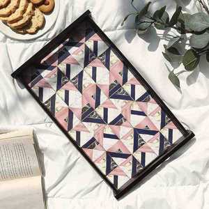 Plateau de service rectangulaire en bois avec motif géométrique, design bohème pour la décoration de la maison et les cadeaux - Product Image 4