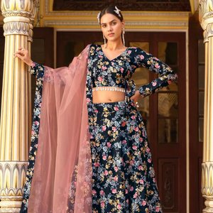 Lehenga Choli Moderno de Seda Semi-Cosido con Estampado Floral para Bodas, Diwali y Fiestas - Product Image 1