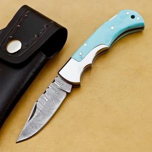 มีดพับเหล็กดามัสกัส ด้ามเทอร์ควอยซ์ พร้อมที่จุดไฟ สำหรับพกพา ล่าสัตว์ คุณภาพสูง 58HRC รับประกัน 3 ปี ODM OEM - Product Image 6