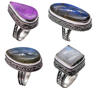Bulk Lot Vintage Oval Natural Gemstone <b>Rings</b> Sterling Silver Plated Women <b>Chunky</b> Wedding Jewelry - Product Image 5