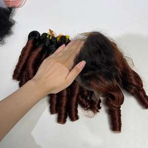 Par de rizos de dedo Ombre Color bronce con cierre 5x5 Cabello humano real vietnamita Calidad virgen - Product Image 2