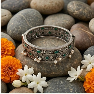 DIVYORO Women's Brass <b>Copper</b> Alloy Oxidized Silver Plated Antique Pearl <b>Bangle</b>-Gift - Product Image 2