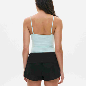 Women's Light Blue Square Neck Ruched Knitted Tank <b>Top</b> Casual Short Sleeveless Fitted Camisole Breathable Spandex Polyester <b>Top</b> - Product Image 2