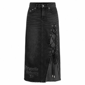 Lace-Up Denim Skirt for Women, Washed Black Maxi Jean Skirt with Side Slit, Eyelets, Gothic Streetwear - Product Image 1