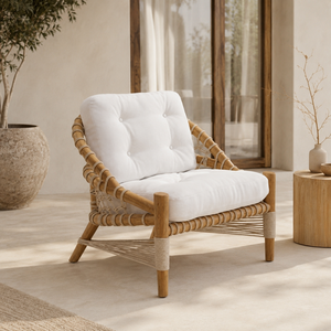 Fauteuil de salon en gros, style bohème, avec cadre en bois, dossier en corde tressée et coussin blanc, pour importateurs, directement de l'usine - Product Image 1
