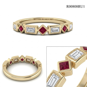 Superbe bague classique en or jaune 18 carats avec diamant naturel et pierre précieuse de couleur, rubis taille princesse, pour femme - Product Image 6