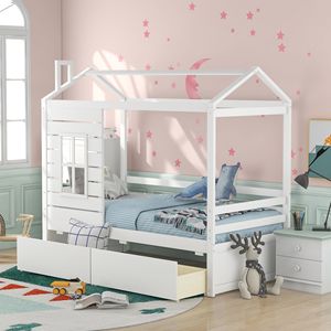 Letto a casetta in legno bianco per bambini, misura Twin, con due cassetti contenitore - Product Image 1