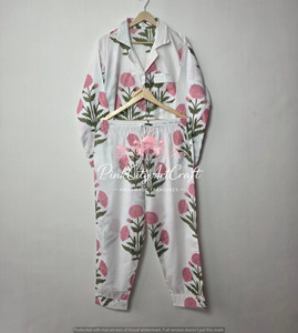 Premium Handblock Printed White Cotton Summer Women's Two-Piece Breathable Eco-Friendly Pajamas Set Full Sleeves Ankle-Length - Product Image 2