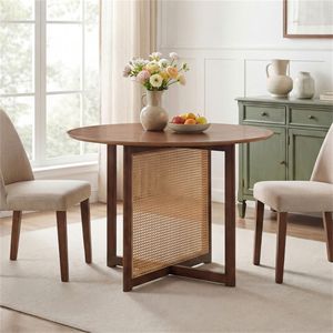 Ensemble de table à manger ronde de style moderne du milieu du siècle de 37,5 pouces, en rotin PE et pieds en bois de caoutchouc, table de cuisine ovale assemblée pour 2 à 4 personnes - Product Image 2