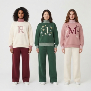 Sweat-shirt à col montant brodé de fleurs festives pour femmes et pantalon assorti, pull à manches longues surdimensionné, ensemble deux pièces - Product Image 1