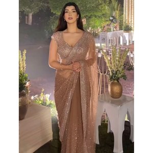 Women's Fancy <b>Net</b> Sequence Work Saree with Unstitched Blouse Chiku In-Stock Customizable Printing Made in India - Product Image 1