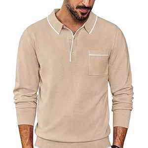Polo de Punto de Manga Larga para Hombre con Cuello y Bolsillo, Color Sólido, Estilo Casual, Beige, Algodón, Corte Regular, Anti-Pilling - Product Image 6