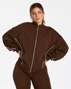 Conjunto de chándal de dos piezas para mujer al por mayor: Chaqueta con cremallera y contraste de líneas, pantalón de pierna ancha de ajuste relajado, ropa a juego. - Product Image 3