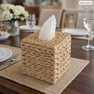 Boîte à mouchoirs carrée en jacinthe d'eau naturelle, faite à la main, style bohème, porte-serviettes de table, organisateur de bureau décoratif - Product Image 5
