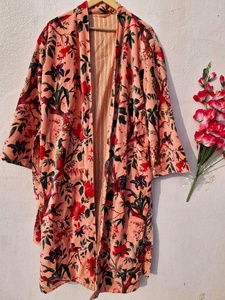 Peach Bird Print Velvet Kimono <b>Robes</b> Handmade Cotton Velvet <b>Robe</b> Morning Tea <b>Coat</b> - Product Image 3