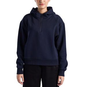 Sweat-shirt à capuche semi-zippé bleu marine pour femme, personnalisable OEM/ODM, vente en gros, haut décontracté en polaire pour l'hiver - Product Image 1