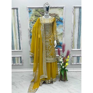 CONJUNTO SHARARA TOP DE DISEÑADOR CON BORDADO DUPATTA GEORGETTE TRABAJO COSTADO COMPLETO AMARILLO - Product Image 1