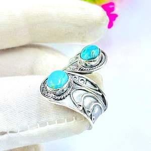 925 Sterling <b>Silver</b> Turquoise Bypass <b>Ring</b> Double Oval Gemstone Boho <b>Statement</b> Jewelry - Product Image 3