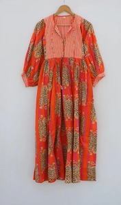Vestido Midi de Verano de Algodón para Mujer, Estampado a Mano, Cuello Redondo, Manga Kimono, Vestido Informal - Product Image 5