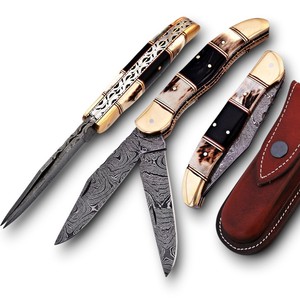 Couteau de poche pliant à double lame en acier Damas de haute qualité, manche en corne de taureau et de cerf, avec étui en cuir – Un incontournable pour votre sac à main - Product Image 1