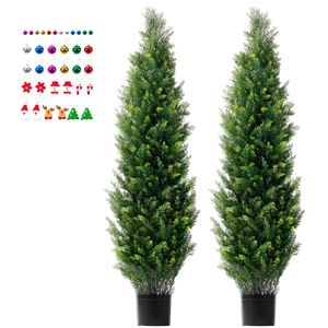 Set di 2 Alberi Artificiali di Cedro Topiario Alti 60 Pollici con Foglie Extra e Vaso, Finto Pino Cipresso Sempreverde - Product Image 1