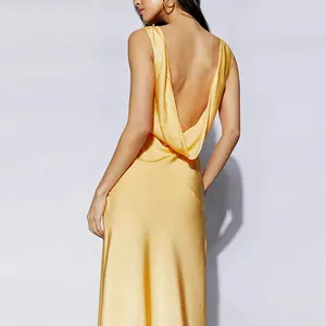 2023 Custom Lady New Arrivals Summer Satin Cowl Backless Maxi One Piece Yellow Dress For Women