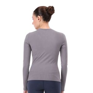 Haut gris à manches longues et col rond pour femme, coupe ajustée, décontracté, basique, pull quotidien, t-shirt extensible, vêtement de mode - Product Image 6