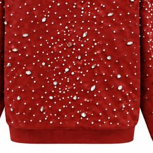 Sudadera con capucha roja ladrillo perlada con cremallera completa, chaqueta de moda urbana con tachuelas de perlas, sudadera informal con capucha de manga larga y bolsillos - Product Image 6