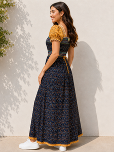 Robe longue évasée en coton imprimé de haute qualité, bleu marine, col carré, manches bouffantes smockées, pour femme, vente en gros - Product Image 2