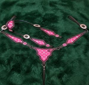 Horse breast collar western <b>leather</b> tack chest <b>harness</b> turquoise concho bead stud adjustable straps riding halter set - Product Image 5