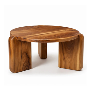 Contemporary Solid Suar <b>Wood</b> <b>Round</b> <b>Coffee</b> <b>Table</b> Natural Grain Japandi Style Smooth Rounded Design Chunky Thick Legs - Product Image 1