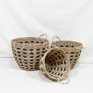 Panier de rangement pour linge en jonc de mer, rond, emboîtable, lot de 3, avec poignées à boucle à motif noir, vente en gros, produit phare - Product Image 5